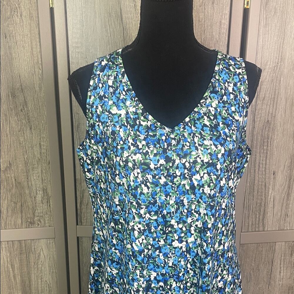 New!  OfeefaN Blue White Green Floral Sleeveless Tank Swing Dress Women’s M - Picture 2 of 11